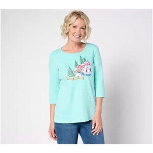Quacker Factory All Is Bright Holiday Bling 3/4 Sleeve Top Lt Aqua XXS LN/NEW